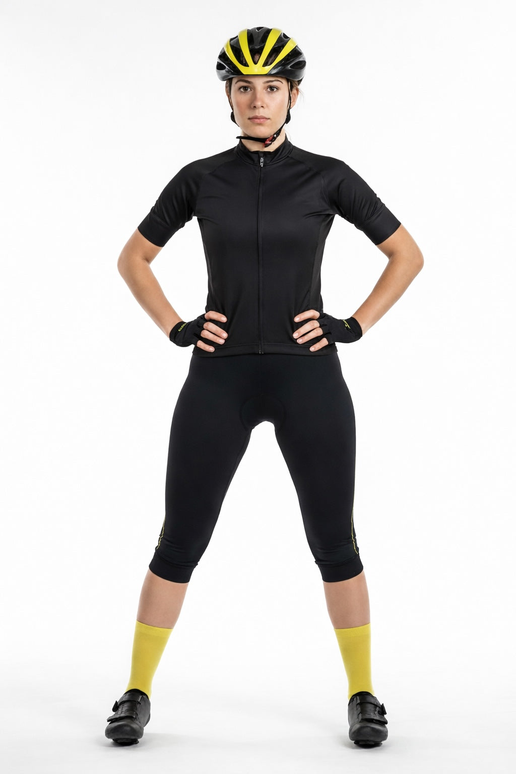 Pantalones para bicicletas para mujeres 3/4 pantalones de bicicleta largos Línea de confort negro-neón