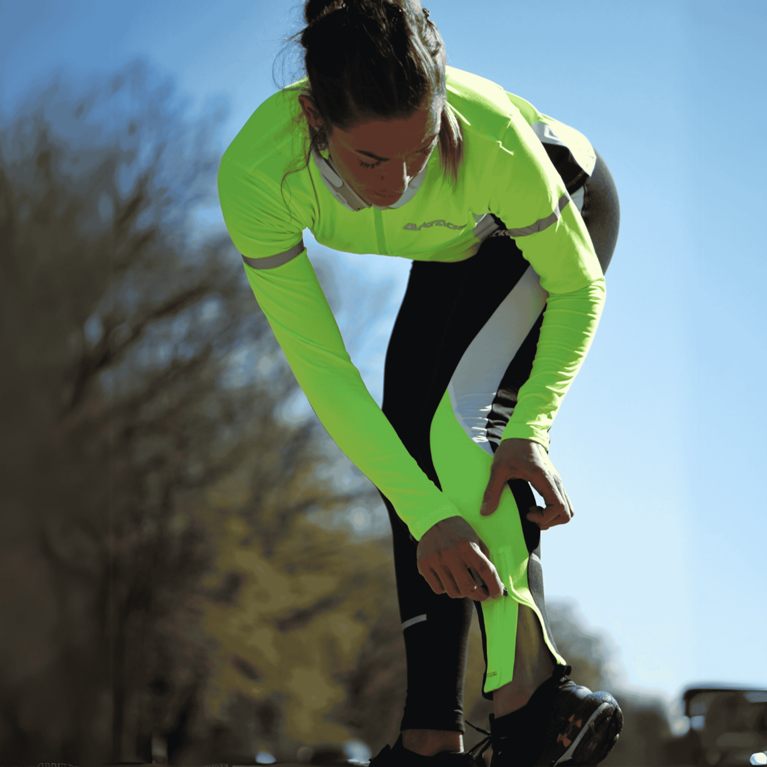 Damen Thermo Laufset Laufhose Tight Lang + Thermo Laufshirt Langarm - Schwarz-Neon