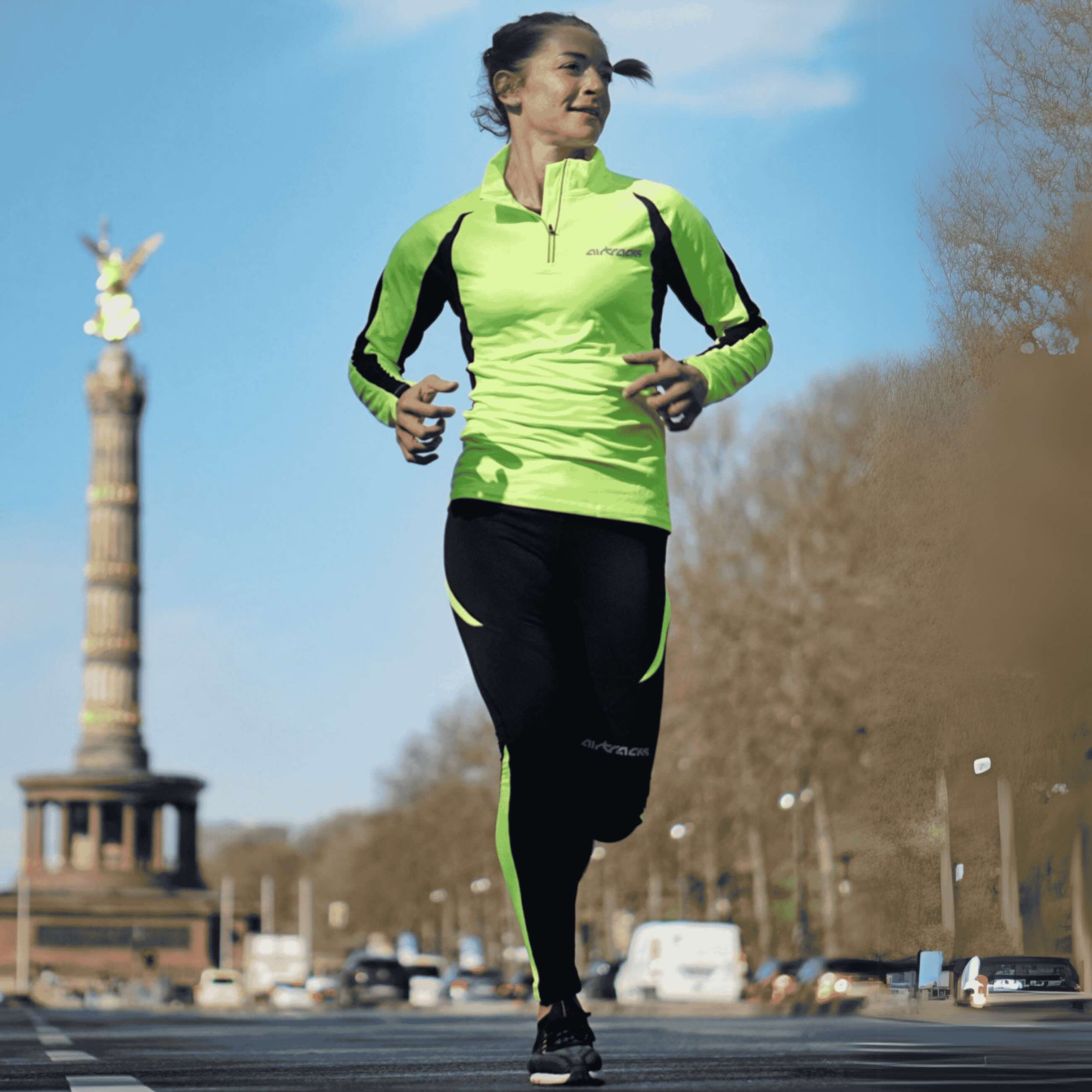 Damen Winter Laufset Thermo Laufshirt Langarm Pro + Thermo Laufhose Lang Pro - Schwarz-Neon
