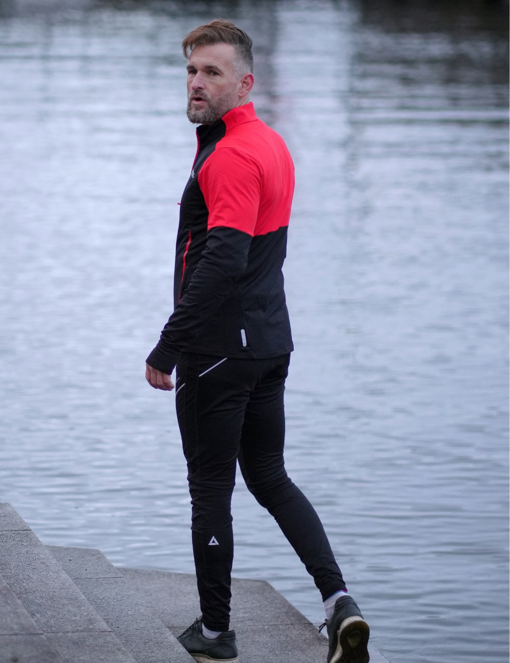 Herren Winter Thermolaufset Pro Line Laufshirt Langarm + Laufhose Lang Schwarz Rot