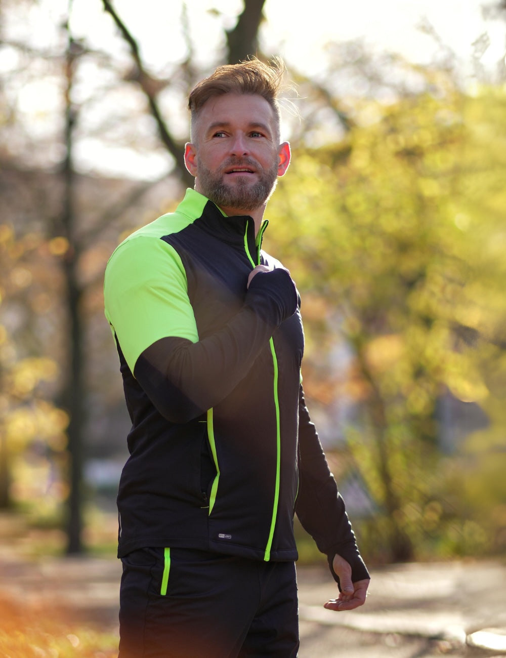 Herren Winter Thermolaufset Pro Line Laufshirt Langarm + Laufhose Lang Schwarz Neon