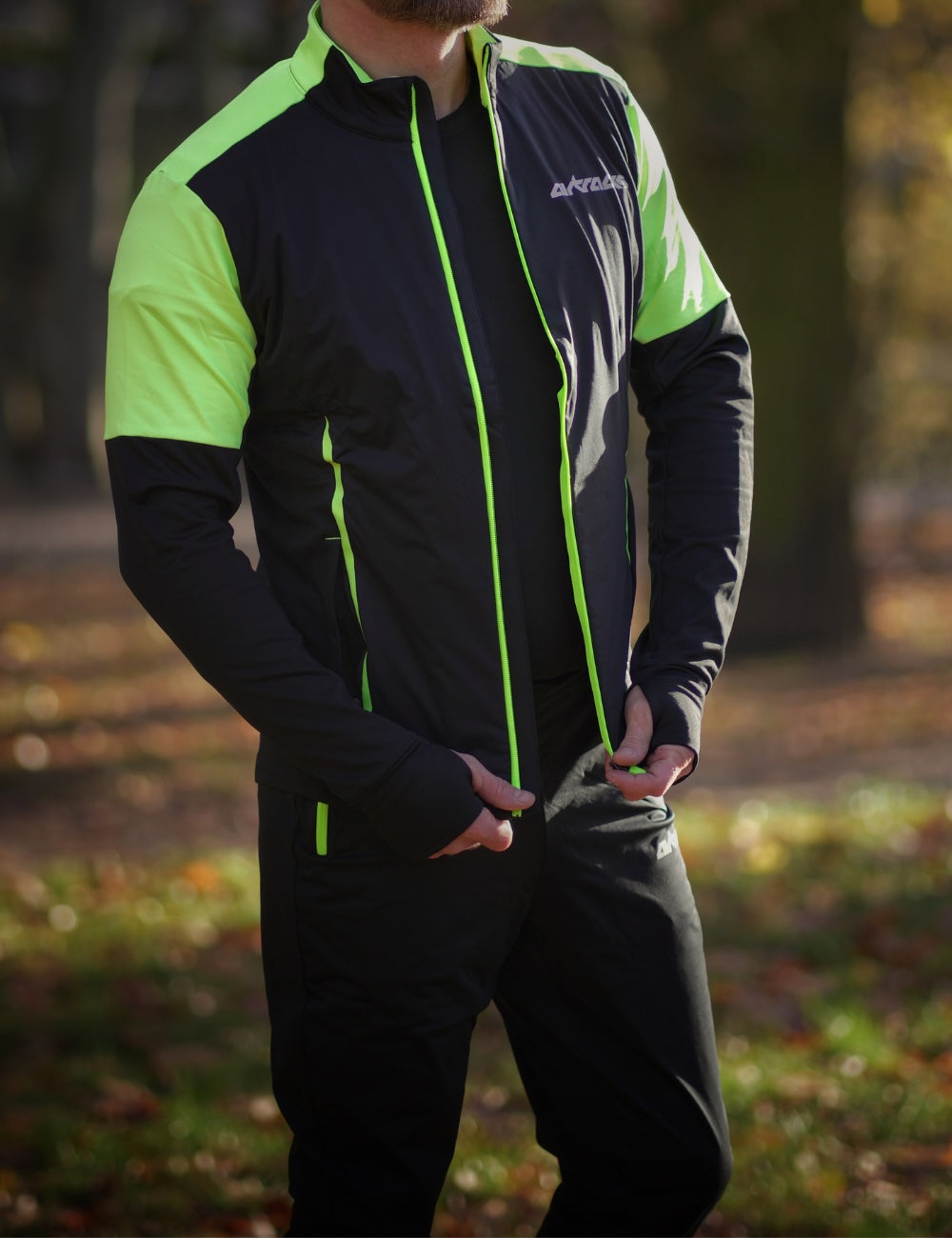 Herren Winter Thermolaufset Pro Line Laufshirt Langarm + Laufhose Lang Schwarz Neon