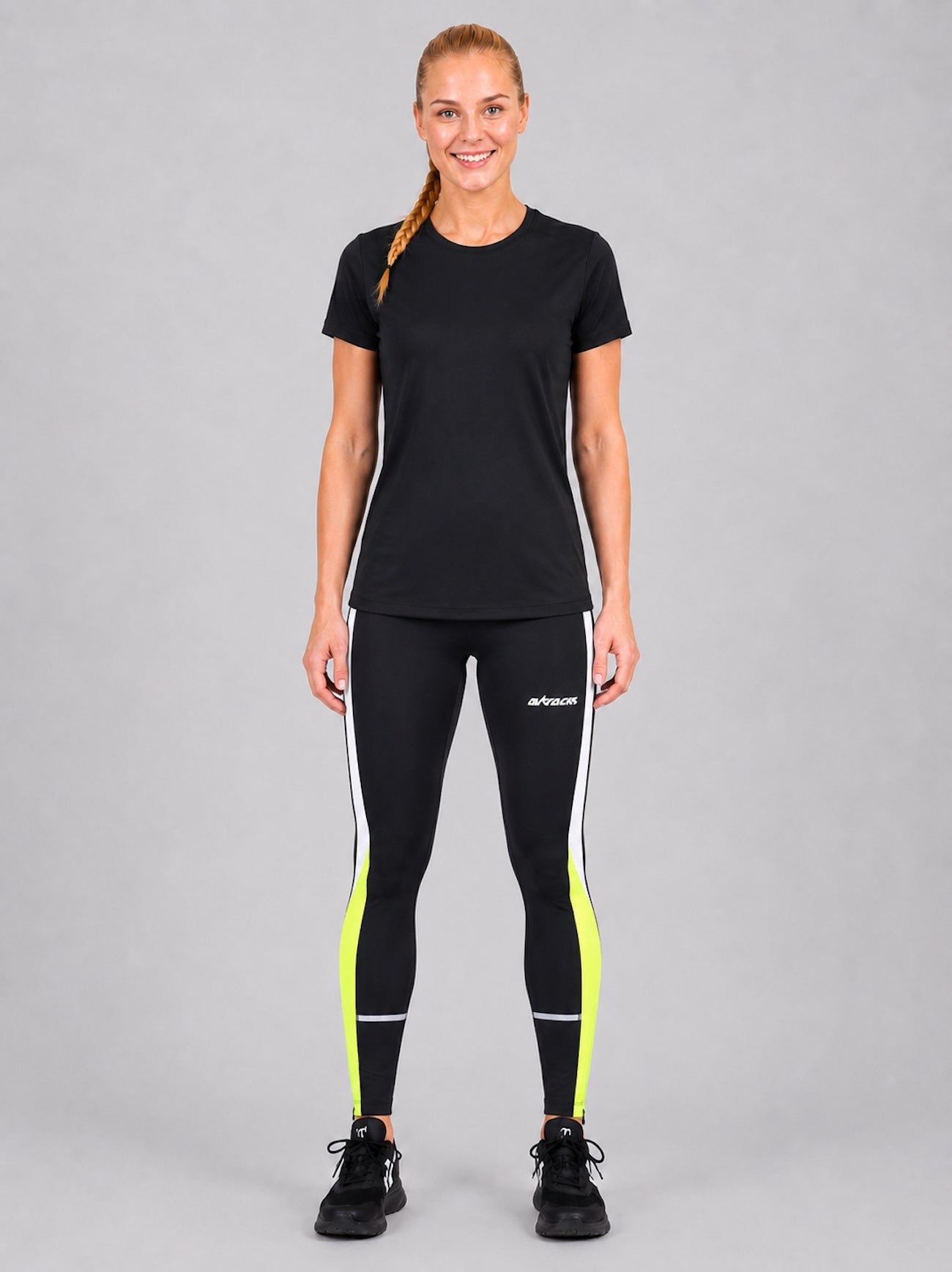 Damen Laufhose Tight Lang Schwarz Neon