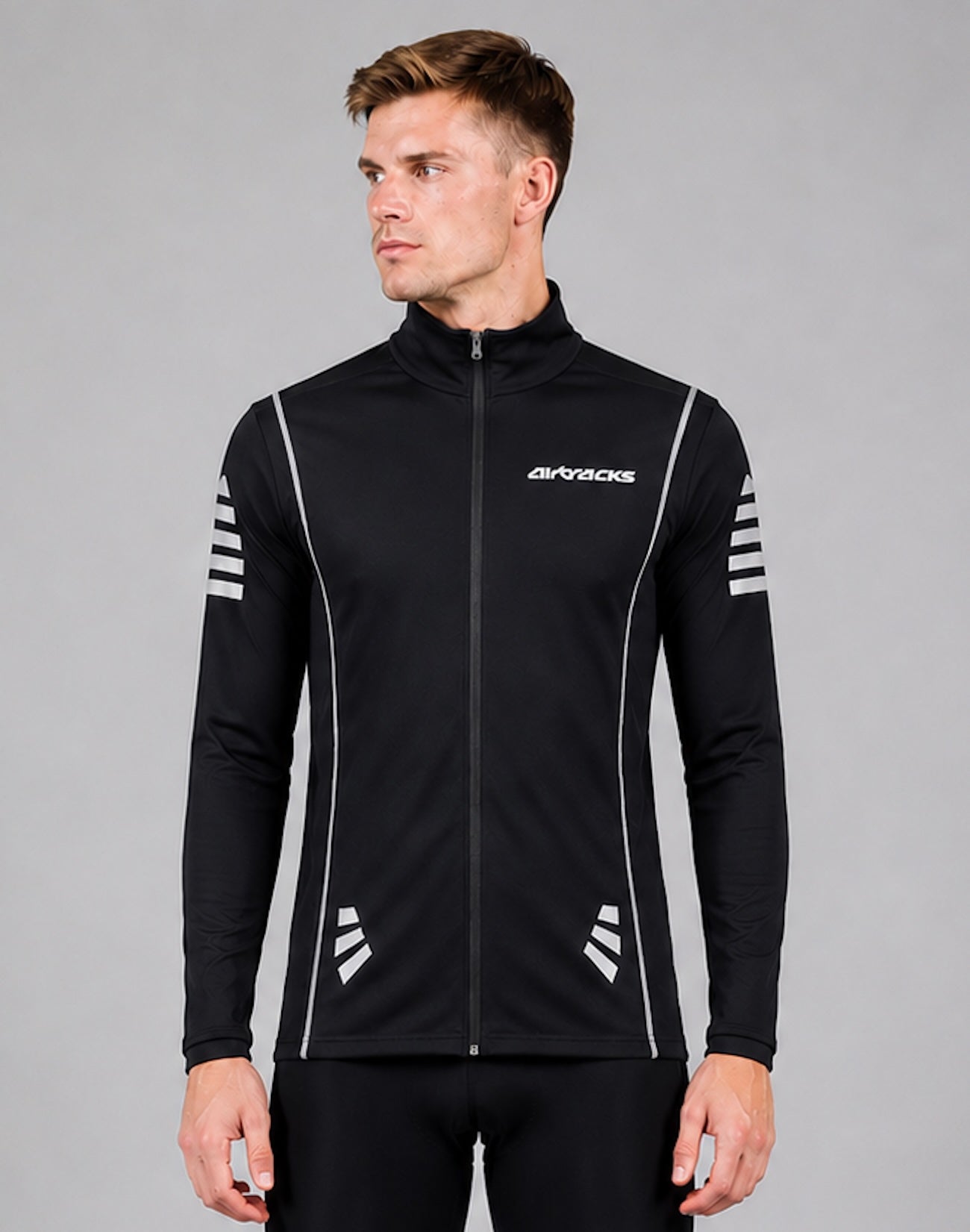 Herren Winter Fahrradtrikot Langarm Pro Fleece Thermotrikot Schwarz-Silber