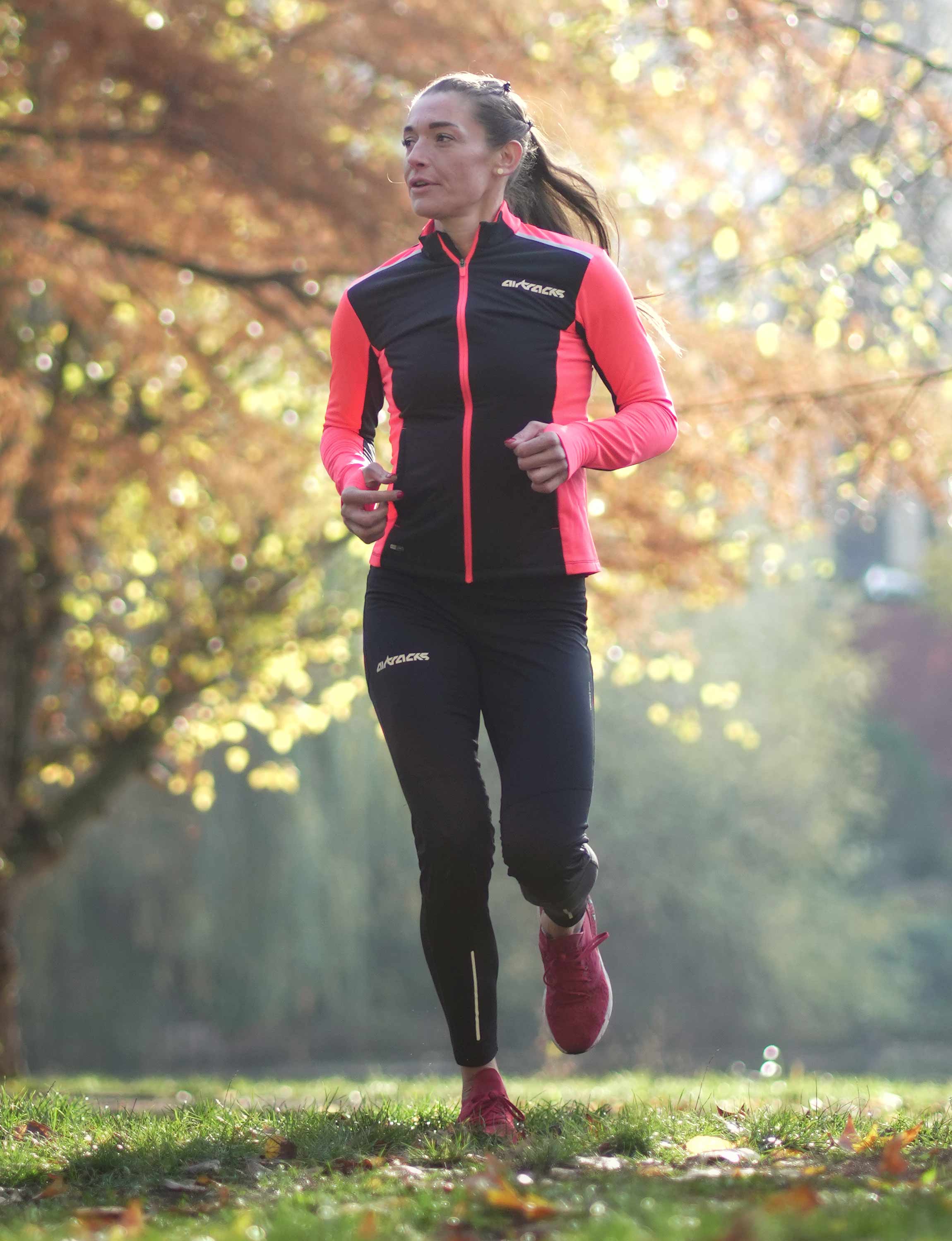 Damen Winter Thermolaufset Pro Line Laufshirt Langarm + Laufhose Lang Schwarz Rot