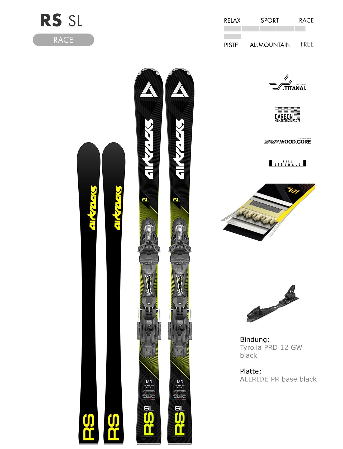 Alpin Ski Master Pro RS SL Race Carver Slalom Ski + Ski Bindung Tyrolia PRW 12 GW + Ski Tasche