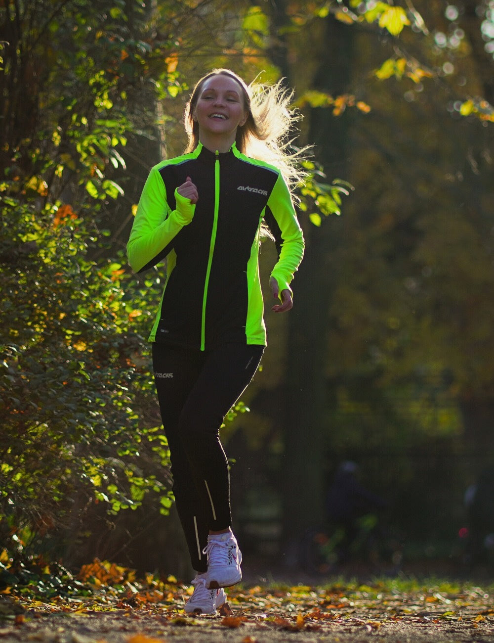 Damen Thermolaufset Pro Line Laufshirt Langarm + Laufhose Lang Schwarz Neon