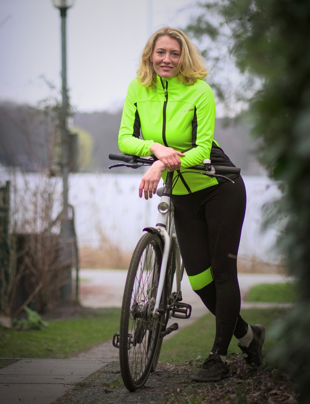 Damen Winter Thermo Radtrikot Set Fahrradjacke Pro Line II + Thermo Fahrradhose Lang Neon