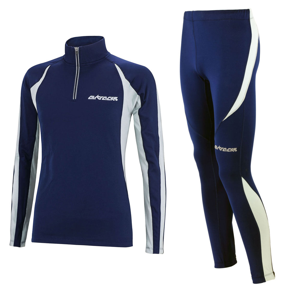Damen Winter Fleece Thermolaufset (2-tlg.) Pro Laufshirt Langarm + Laufhose Lang Blau Grau