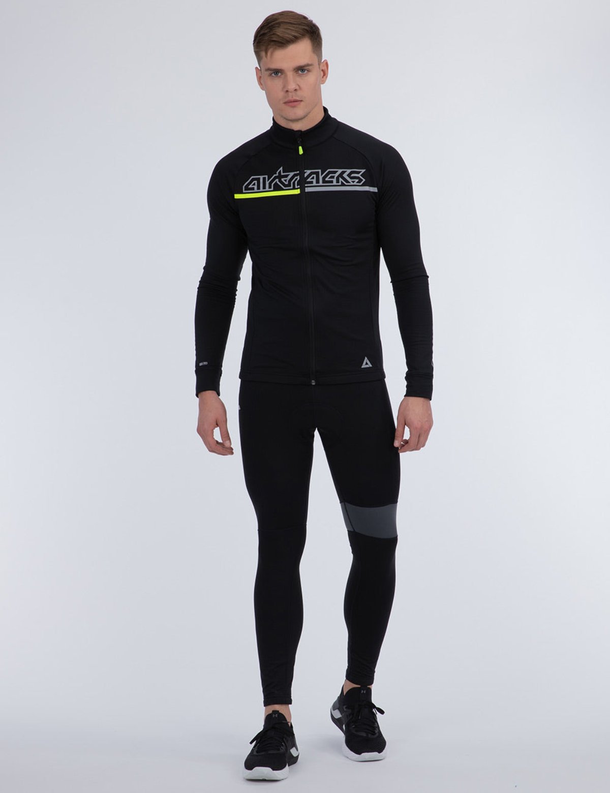 Herren Thermoradtrikot Set (2-tlg.) Pro Team Fahrradtrikot Langarm+Trägerhose Lang Schwarz Grau