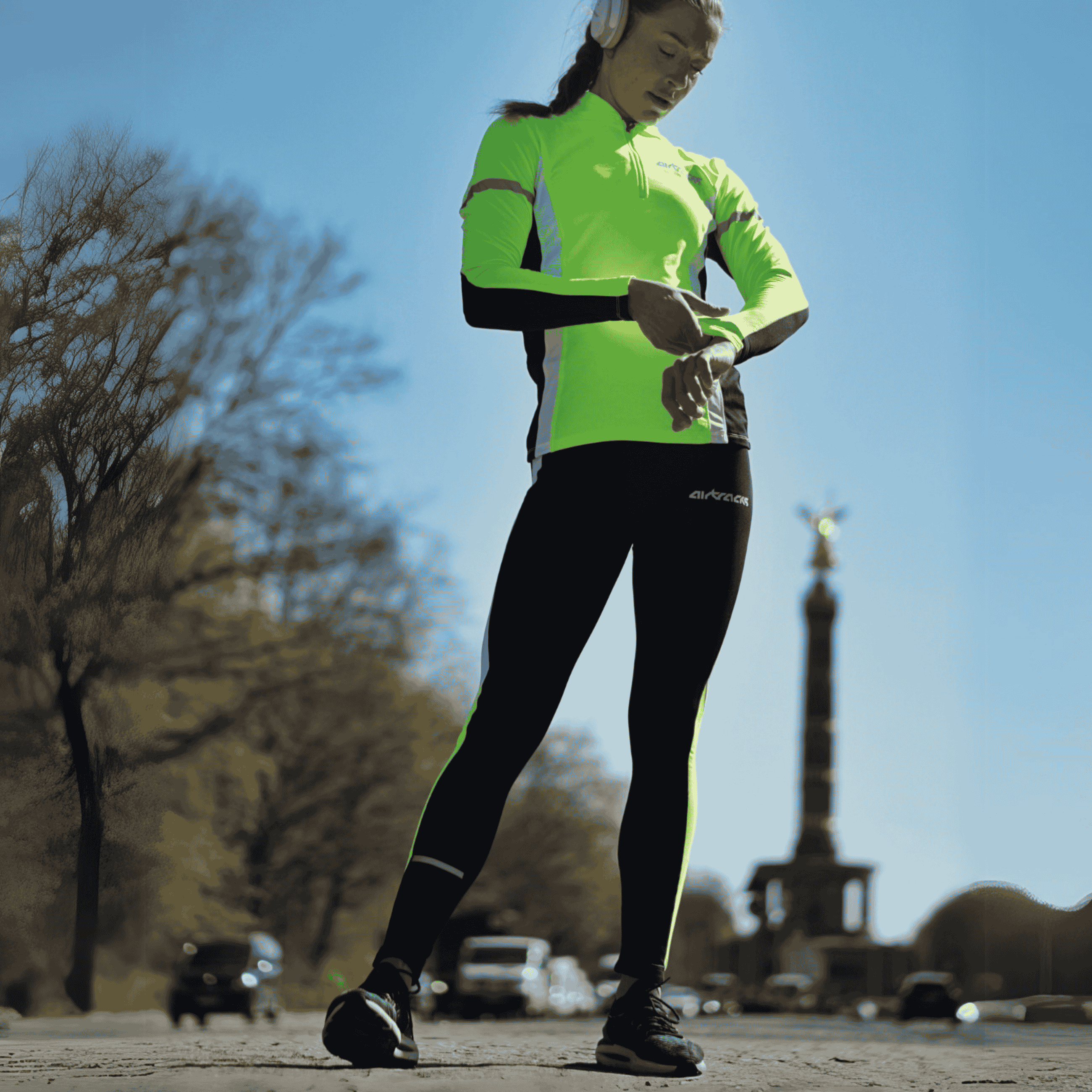 Damen Thermo Laufset Laufhose Tight Lang + Thermo Laufshirt Langarm - Schwarz-Neon