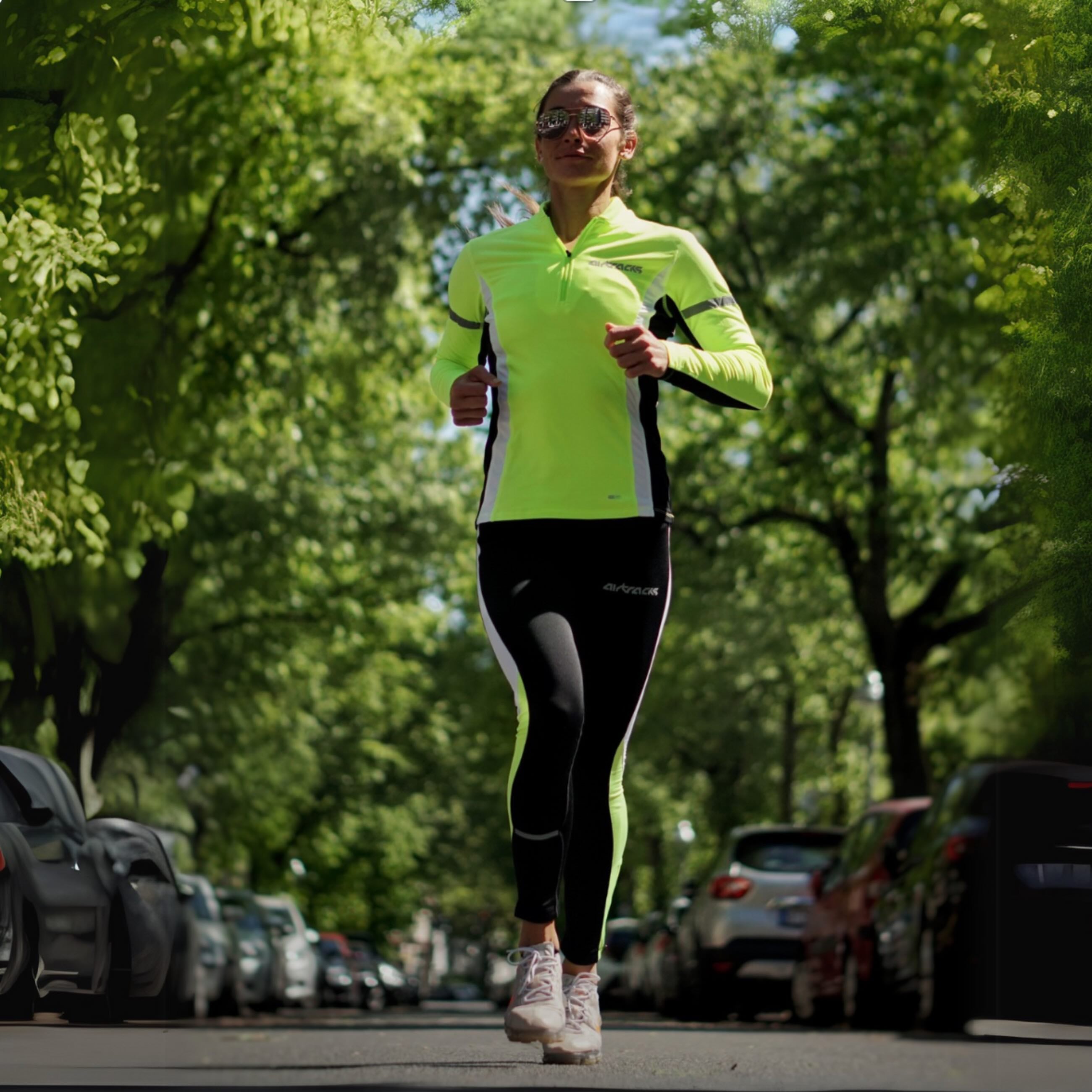 Damen Thermo Laufset Laufhose Tight Lang + Thermo Laufshirt Langarm - Schwarz-Neon