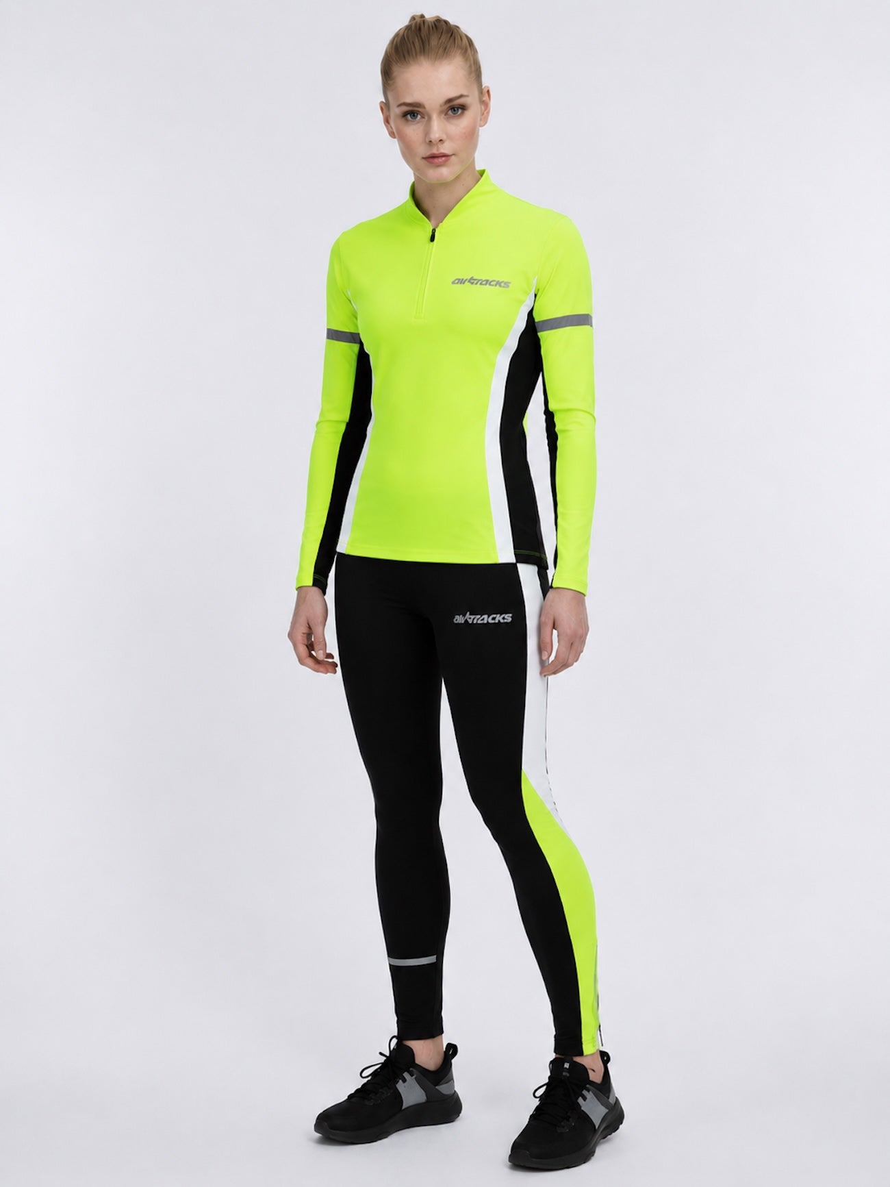 Damen Winter Thermo Laufhose Tight Lang Schwarz Neon