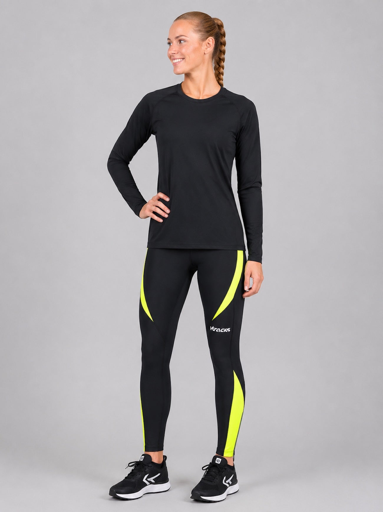 Damen Laufhose Tight Lang Pro Schwarz Neon