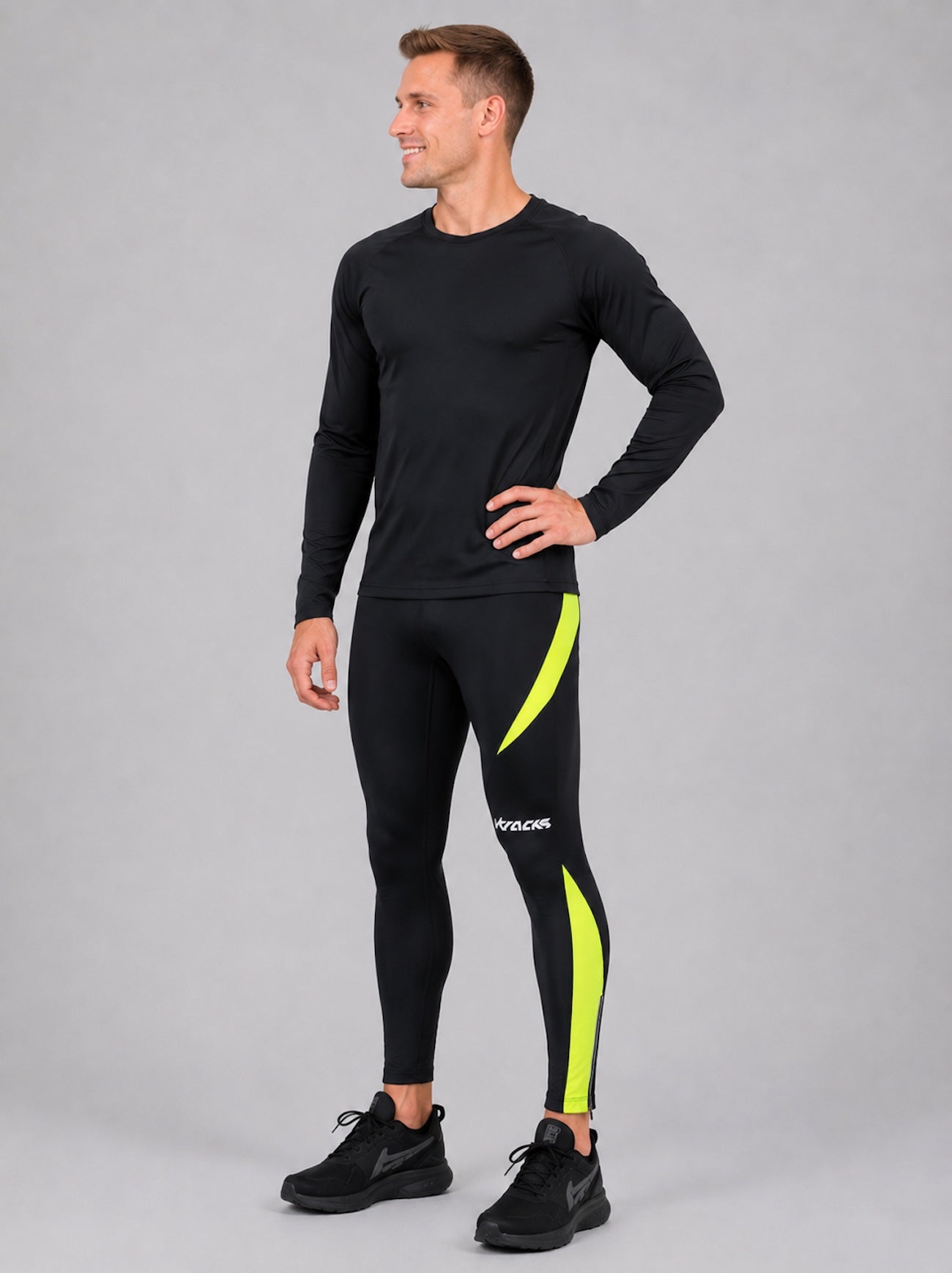 Herren Laufhose Tight Lang Pro Schwarz Neon